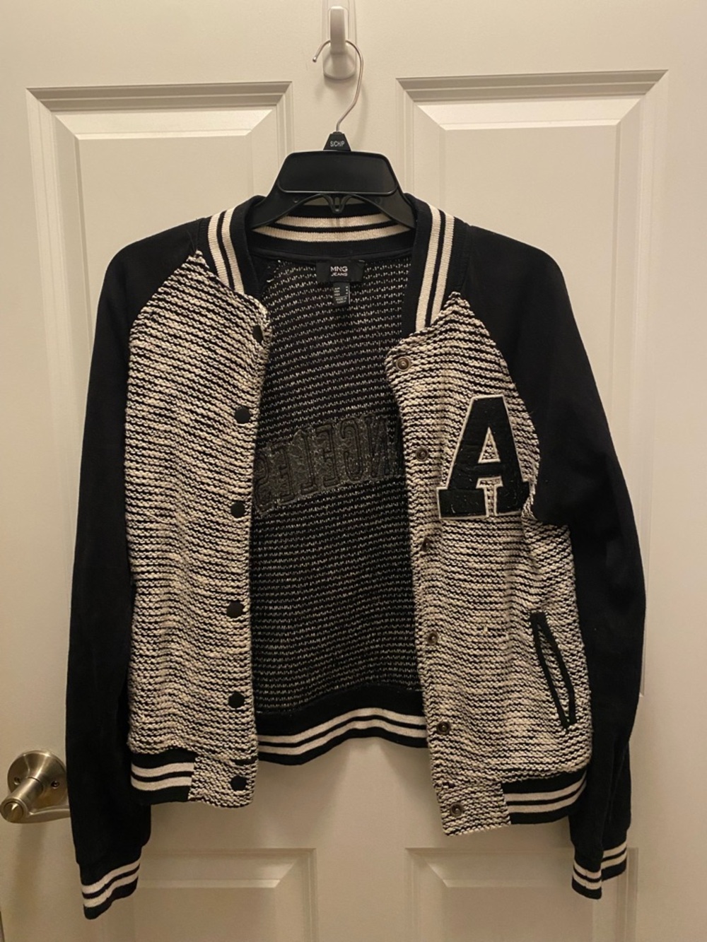 MANGO Women's Black and White Los Angeles Varsity Sweater